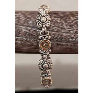 Silver Tone Yellow Opalescent Bead Station Flower Magnetic Closure Bracelet